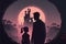 A father and his child marvel at enigmatic castles silhouetted against a resplendent planet amidst the darkness. Fantasy concept