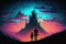 A father and his child marvel at enigmatic castles silhouetted against a resplendent planet amidst the darkness. Fantasy concept