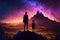 A father and his child marvel at enigmatic castles silhouetted against a resplendent planet amidst the darkness. Fantasy concept