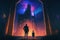 A father and his child marvel at enigmatic castles silhouetted against a resplendent planet amidst the darkness. Fantasy concept
