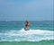 Father and his daughter posing at new flyboard at Caribbean tropical beach. Positive human emotions, feelings, joy. Funny cute chi