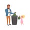 Father and his little daughter throwing garbage into a trash can together vector Illustration on a white background