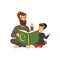 Father and his little son sitting on floor and reading holy book. Islamic religion. Muslim family. Cartoon religious