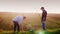 A father and his son, a teenager, plant a tree together. Picturesque background