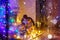 Father and his two little children sitting by fireplace chimney on Christmas Eve time.