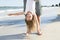 Father holding sweet young and lovely blond small daughter by her feet playing having fun on the beach in dad and little girl love