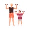Father and kid doing sports, strength exercises with dumbbells in hands. Dad and child training together. Strong family