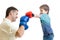 Father and kid son play boxing