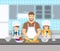 Father and kids cooking together at kitchen flat illustration