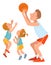 Father with kids. Family play basketball. Parent spending time together with son and daughter. Dad and children throw