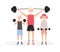 Father and kids performing strength workout together. Parent and children lifting dumbbells and barbell at gym training