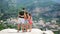 Father and kids taking selfie photo background Positano town in Itali on Amalfi coast