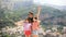 Father and kids taking selfie photo background Positano town in Itali on Amalfi coast