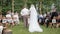Father leads bride to groom on marriage, dad guide daughter in white dress to future husband at wedding,