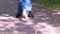 Father learning baby girl to walk, first steps in park, legs closeup.