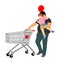 Father with little daughter and shopping cart. Man doing everyday grocery buying at supermarket after work.