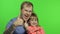 Father and little daughter together looking to camera. Chroma Key. Fathers day