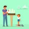 Father making model of sailboat and his son watching him. Vector illustration in flat style. Scale model building, model