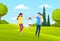 Father, mom and kid walk on countryside. Bushes, trees, summer landscape. Cartoon flat nature image