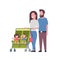 Father mother baby twins double stroller full length avatar on white background, successful family concept, flat cartoon