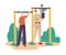 Father and Mother Characters Training Little Boy on Horizontal Bar. Family Exercising Outdoor, Son with Dad, Fatherhood