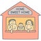 Father, mother and son on the window of house - line art vector graphics