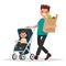 Father with a package of products and a toddler in the pram. Vector illustration in a flat style