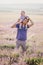 Father playing with his son in a lavender field