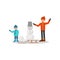 Father playing with son in snowballs. Winter activity. Wooden sleigh and snowman with bucket on head. Flat vector design