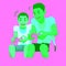 father playing video games with son. Vector illustration decorative design
