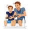 father playing video games with son. Vector illustration decorative design