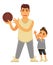 Father plays basketball with young son in sportswear