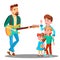 Father Plays The Guitar For Children Vector. Isolated Illustration