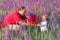 Father presenting flowers to daughter