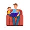 Father read book to kids sitting in big armchair