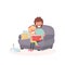 Father read a storybook to his daughter on a couch. Dad with kid on a couch together. Cute illustration of parenthood