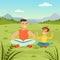 Father reading a book to his son on nature background, family leisure flat vector illustration