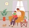 Father reading book together with his son. Dad and child in armchair. Daddy and kid with storybook