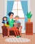 Father reading book together with his son and daughter. Dad and child in armchair. Daddy and kid with storybook