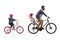 Father riding a bicycle with a child seat and a little girl riding a bicycle behind