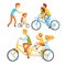 Father riding his children on a bicycle, set for label design. Father teaching his son to ride a bike. Colorful cartoon