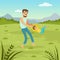 Father rotating his son on nature dad and son playing together on meadow, family leisure flat vector illustration