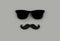 Father`s day concept. Hipster black sunglasses and funny moustache on gray background.