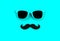 Father`s day concept. Hipster blue sunglasses and funny moustache on blue background