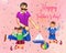 Father`s day hand drawn watercolor illustration with father and two kids playing with toys. On pink dotted textured background