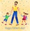 Father`s day hand drawn watercolor illustration with father and two kids walking together. On yellow dotted textured background