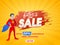 Father`s Day online sale banner design with a super father on ye