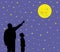 Father is showing full moon in starry night sky to his amazed kid