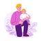 Father with a small kid on his knee. Happy family. Vector illustration in flat cartoon style.