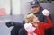 Father and Son With American Flag, Los Angeles, California